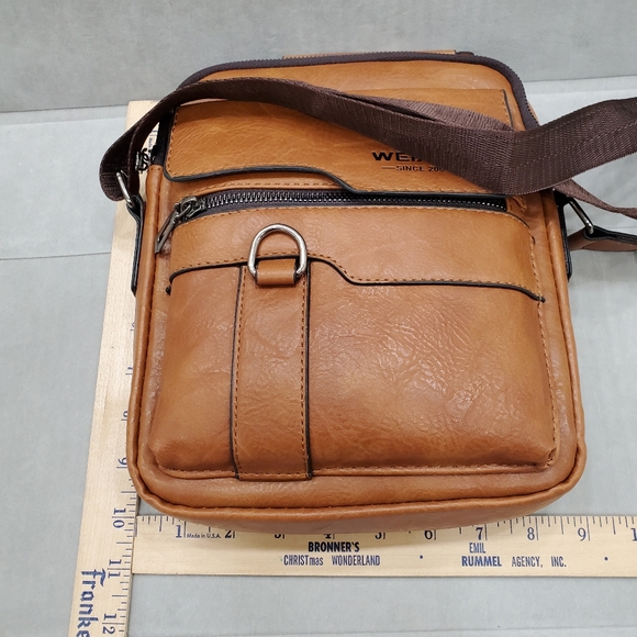 Weixier travel bag men's brown leather 9×10×2 inches adjustable strap NEW - Picture 3 of 8
